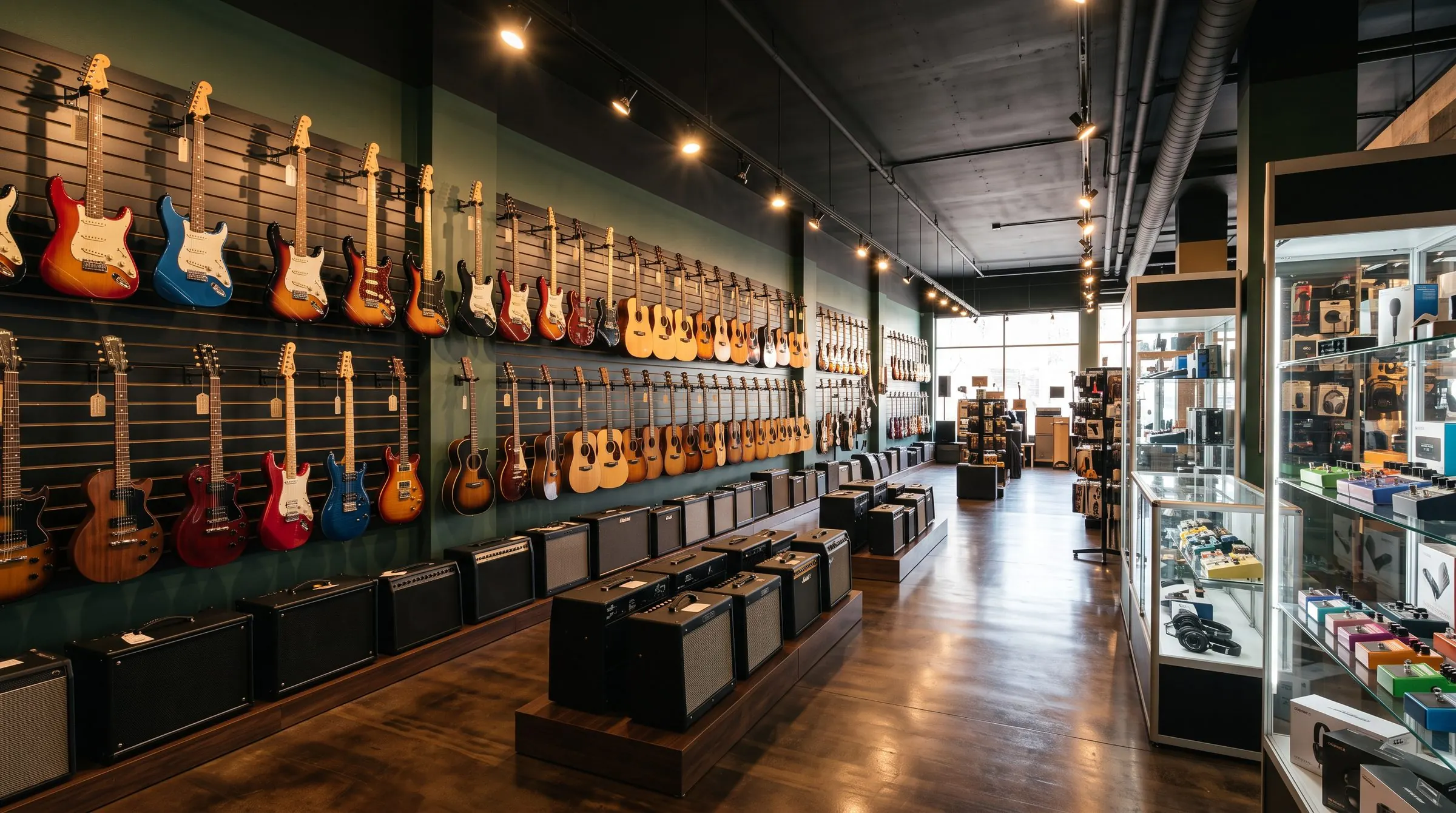 Interior de loja de instrumentos com parede de violões e guitarras